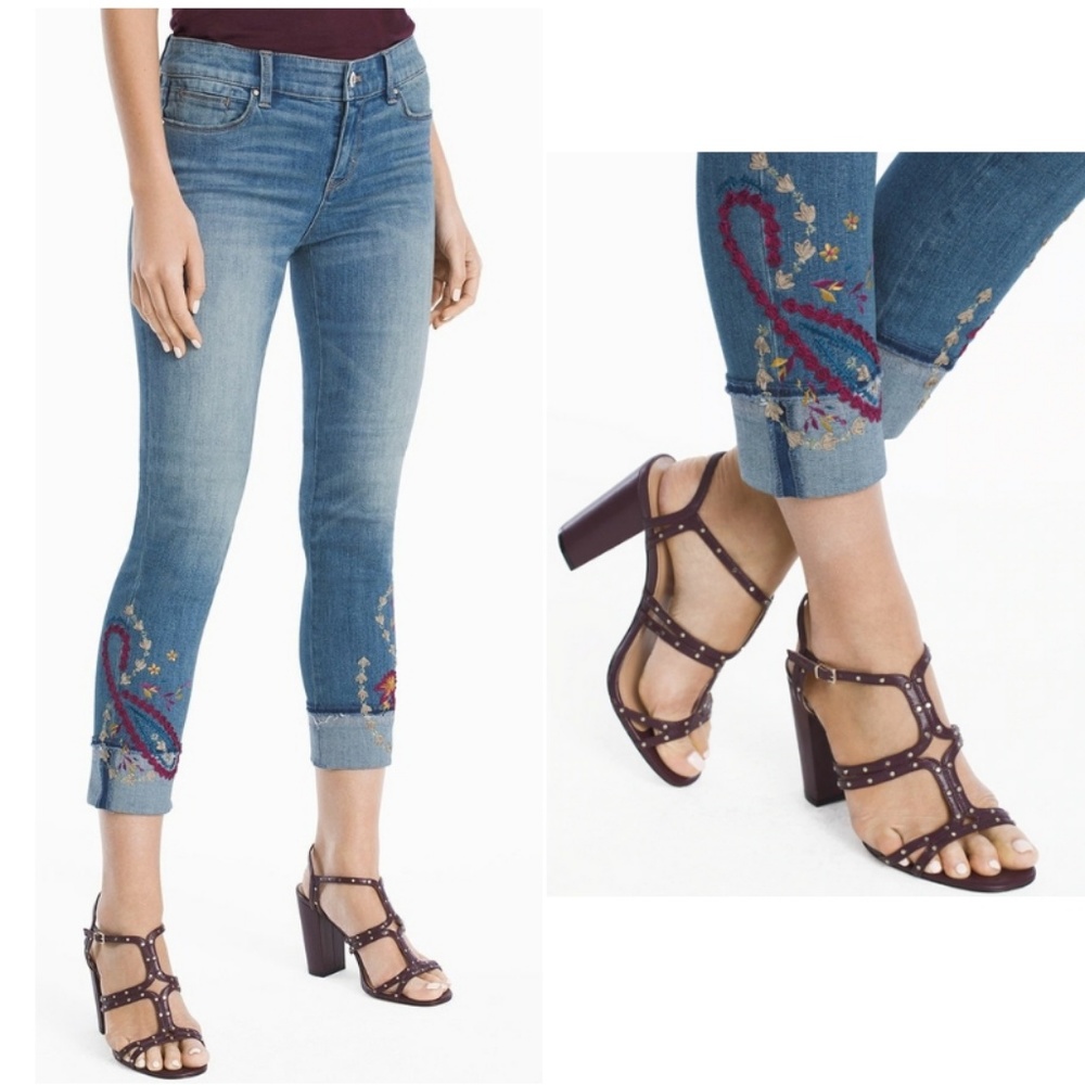 White House Black Market Blue Embroidered Ankle Jeans